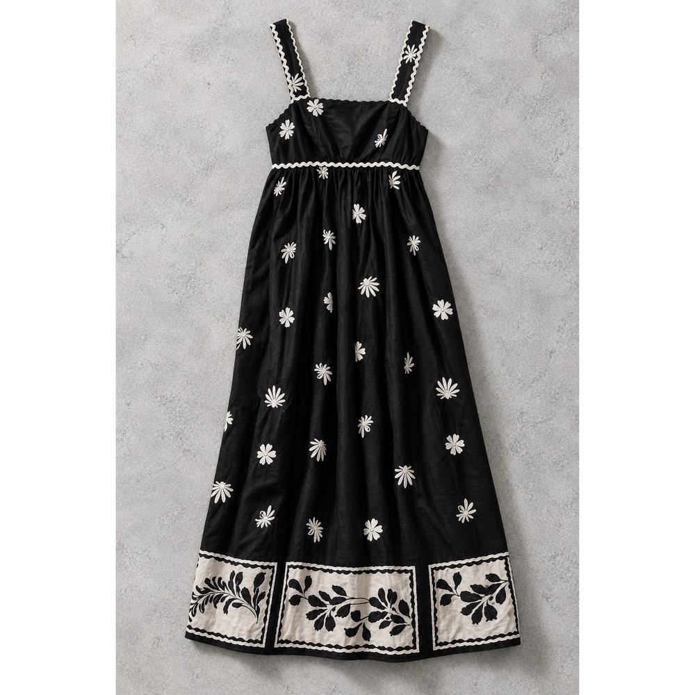 Zara Black White Floral Print Ric Rac Midi Dress Tie Back Bow XS Boho Vacation